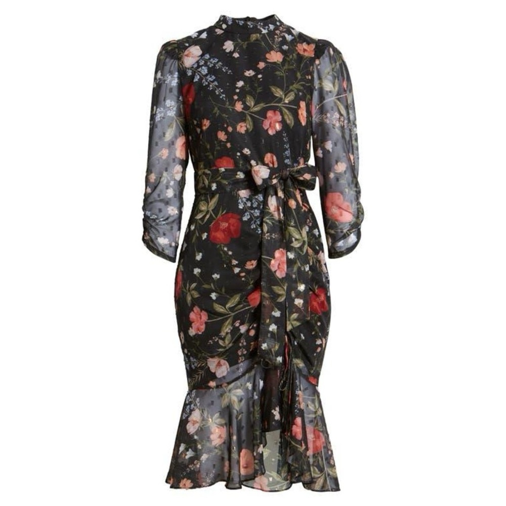 Eliza J Cocktail Dress Dark Floral Chiffon Sleeves Ruched Skirt Party Size 8